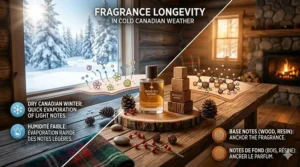 Infographic explaining how woody base notes perform better in the dry, cold Canadian winter air.