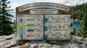 Performance meter illustrating the longevity and sillage of fresh men’s colognes for 8-hour wear during a Canadian commute.
