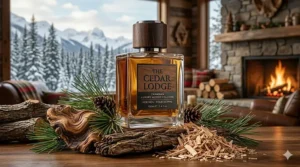 Close-up illustration of sandalwood and pine needles, key ingredients in a premium luxury woody cologne for men.