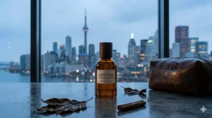 Luxury tobacco cologne bottle for men positioned against the blurred Toronto skyline at dusk; cologne pour homme.