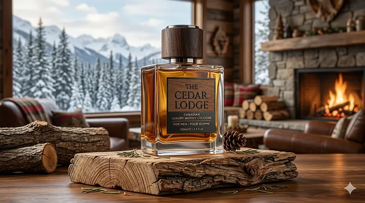 A bottle of luxury woody cologne for men resting on a natural cedar wood block, reflecting the crisp, masculine scent of a Canadian forest.