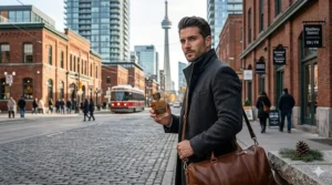 A stylish man in a tailored wool coat in downtown Toronto, embodying the essence of a luxury woody cologne.