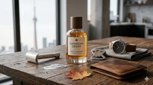 Flat-lay illustration of a watch, wallet, and affordable woody cologne for the modern Canadian man.