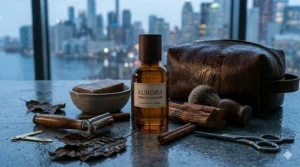 A flat lay of a leather dopp kit, a safety razor, and tobacco cologne for men, reflecting Canadian craft grooming standards.