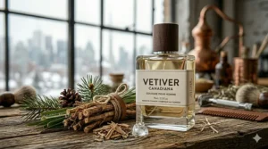 A flat-lay of a leather dopp kit, a safety razor, and vetiver cologne for the modern Canadian man’s morning routine.