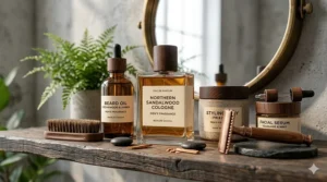 A photorealistic 4K photograph of a Canadian man's curated grooming vanity shelf in a modern bathroom, featuring the Northern Sandalwood Cologne, in soft, natural daylight.