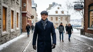 A stylish man in a wool overcoat in Montreal, highlighting oud cologne for men as a top choice for cold weather.