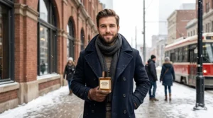 A photorealistic portrait of a stylish Canadian man in a wool pea coat and scarf in a snowy downtown environment, holding the Northern Sandalwood Cologne, under warm natural light.