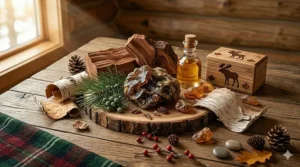 Detailed drawing of raw oud, birch bark, and pine needles used in the best woody cologne for fall winter.