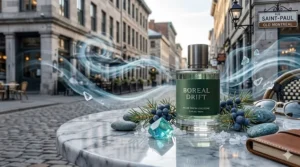 A stylish illustration of a niche fresh scent (parfum frais) on a marble bistro table in Old Montreal, capturing Canadian urban luxury.
