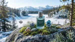 An aesthetic lifestyle illustration featuring a niche fresh cologne with subtle "Made in Canada" or bilingual "Frais" branding.
