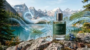 An artistic illustration of a niche fresh cologne bottle surrounded by crisp alpine air, snow-capped peaks, and pine needles.
