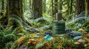 Illustration of a green, citrusy niche fresh cologne bottle nestled in damp moss and ferns from a West Coast rainforest.