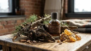 Artistic illustration of agarwood and cedarwood notes found in premium oud cologne for men (eau de parfum pour homme).