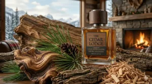 Chic illustration of a luxury woody cologne for men, highlighting its popularity in Montreal’s high-fashion circles.