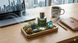 Flat-lay illustration of a niche fresh cologne next to a laptop and coffee, perfect for a professional Canadian workspace.