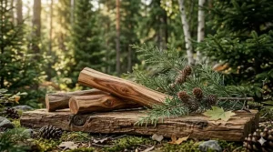 Illustration of sandalwood and cedarwood branches, the base of a top-rated affordable woody cologne.