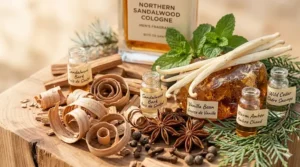 A detailed photorealistic close-up of fragrant sandalwood wood curls, vanilla beans, and warm spices, illustrating the rich scent profile of a men's cologne, bathed in soft natural light.