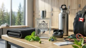 A flat-lay illustration of gym gear and a fresh cologne bottle, ideal for an active Canadian lifestyle.