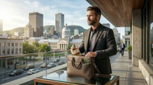 Eco-friendly packaging for cedar cologne using sustainable Canadian wood accents and recycled glass, reflecting an environmentally conscious choice.