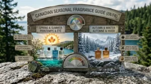 Sustainability infographic highlighting eco-friendly fragrance brands in Canada with recycled packaging and refillable glass bottle systems.