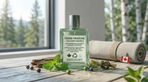 Illustration of eco-friendly cologne brands available in Canada, featuring recyclable glass and natural ingredients.