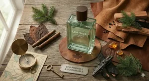 Sustainable glass bottle of leather cologne for men with eco-friendly packaging on a natural reclaimed wood surface.