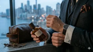 Close-up of a man in a charcoal suit jacket adjusting his watch, representing a sophisticated tobacco oud fragrance for formal Canadian events.