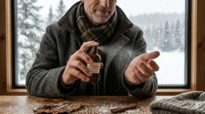 A man in a heavy wool parka and scarf applying tobacco and vanilla cologne during a snowy Canadian winter.