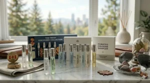 Hands opening a luxury box containing five fresh cologne samples, a popular gift for Canadian holidays.