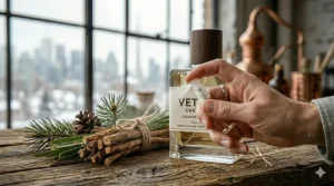 A premium gift box containing vetiver cologne for men, labeled in English and French. Idée cadeau parfum pour homme.