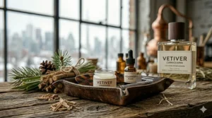 A minimalist illustration of a cologne bottle against a silhouette of the Canadian Rockies, evoking a fresh, outdoor aroma.