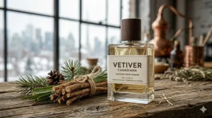 Raw vetiver roots bundled with Canadian pine needles, showcasing the earthy ingredients of men’s vetiver cologne.