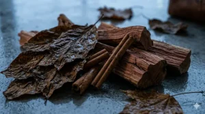 Illustration showing raw tobacco leaves, cinnamon sticks, and cedarwood—key notes in popular Canadian men's tobacco colognes.