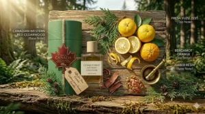 Detailed botanical illustration of a Western Red Cedar (Thuja plicata) branch, cones, and bark, identifying the natural source of the cologne aroma.