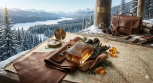 A man in a winter parka using leather cologne for men, overlooking a snow-covered Vancouver Island landscape.