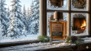 A warm, glowing cologne bottle against a frosted window, ideal for the Canadian winter season.