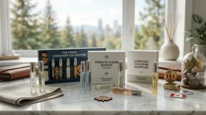 Small glass vials of fresh cologne with woody notes, set against a backdrop of Canadian pine needles.