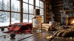 A cozy illustration of a scarf and a fragrance bottle, highlighting a warm, affordable woody cologne for cold weather.