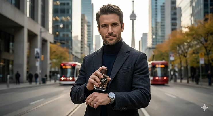 Photorealistic illustration of cedar wood blocks, pine needles, and acorns, representing the natural ingredients of a woody cologne for men.