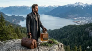 Illustration of a man overlooking the Rocky Mountains, representing the rugged nature of luxury woody scents in Canada.