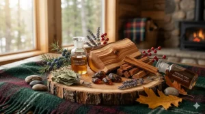 Illustration of key fragrance notes including Canadian cedarwood, sandalwood, and amber for a warm winter scent.