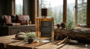 A man in a cozy knit sweater applying a woody cologne by a stone fireplace in a rustic Canadian log cabin with snowy mountain views.