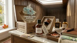 An illustration of a fragrance bottle inside a shipping box with a "Canada-wide shipping" icon, emphasizing easy access to affordable oud dupes from Vancouver to Halifax.