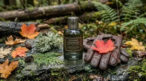 A flat-lay of leather gloves, a maple leaf, and a bottle of chypre cologne, highlighting its status as a top autumn fragrance in Canada.