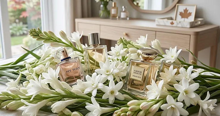 A high-definition photograph of a curated selection of best tuberose perfume bottles nestled among a lush arrangement of white tuberose flowers and stems. The background features a blurred dressing area with maple leaf accents, shot in soft, natural light, suitable for the Canadian market. best tuberose perfumes