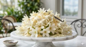 A detailed photorealistic 4K image showing a large cluster of fresh white tuberose blossoms arranged on a marble pastry stand, covered in a delicate cascade of glossy, vanilla-flecked cream and white chocolate shavings.