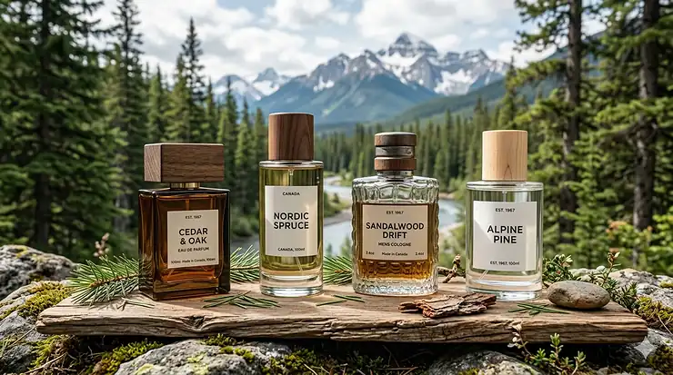 A side-by-side comparison of top-rated woody colognes for men in Canada, featuring cedar and sandalwood scents with a Pacific Northwest forest background. patchouli cologne modern