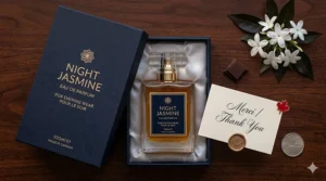 Luxury jasmine perfume packaging featuring bilingual English and French text for the Canadian luxury market.