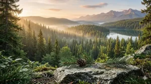 Artistic illustration of a vast Canadian boreal forest, representing the natural pine notes found in masculine fragrances.
